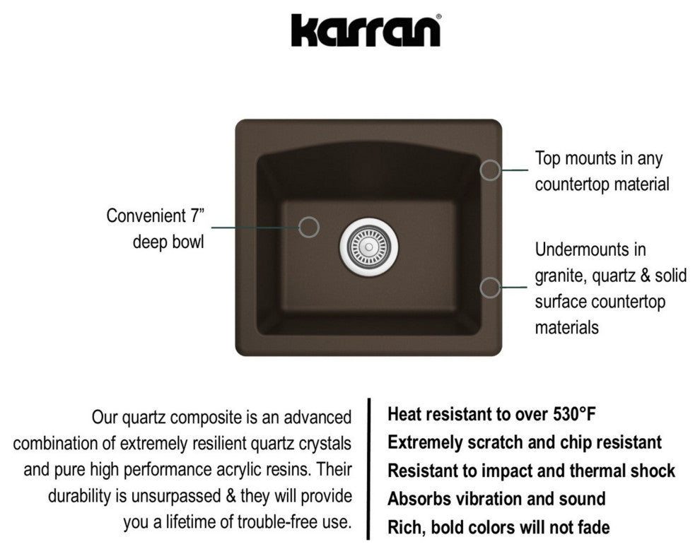 Karran Drop-in or Undermount Quartz 18" Single Bowl Kitchen Sink, Brown