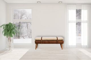 Solid Wood Boucle Buffalo Hide Leather Bench, Cream & Brown