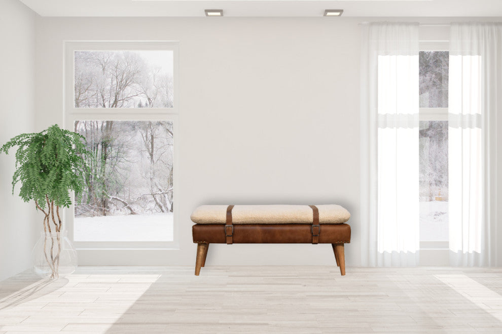 Solid Wood Boucle Buffalo Hide Leather Bench, Cream & Brown