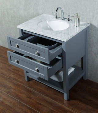 30" W Single Freestanding Bath Vanity, Gray With White Carrara Marble Top