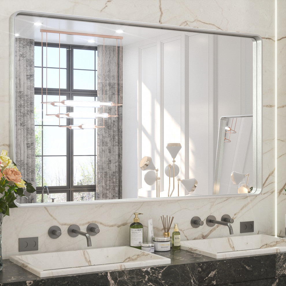 Metal Frame Decorative Rectangular Wall Mount Mirror, Sliver, 48"x30"