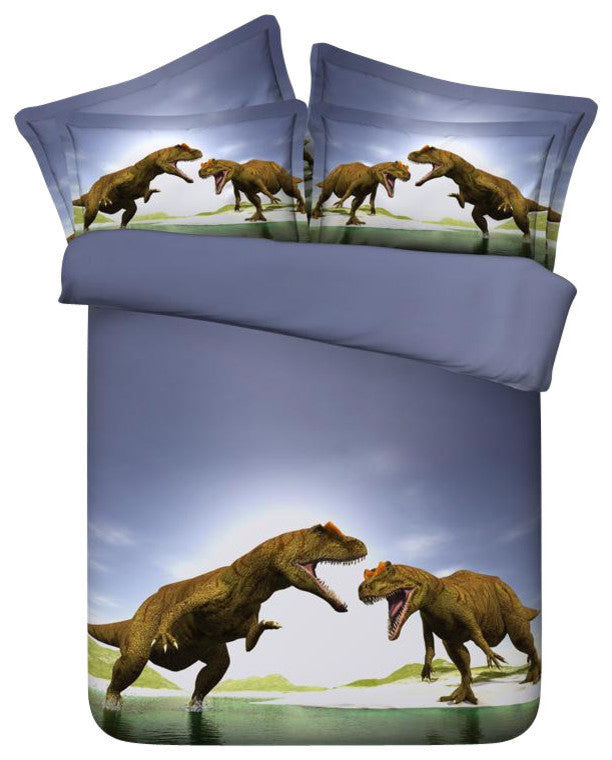 3D Brown and Blue T Rex Brawl, 4-Piece Duvet Cover Set, Queen