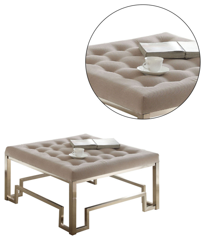 Beige Fabric Ottoman, Beige and Champagne