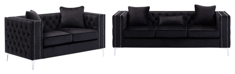 Lorreto Black Velvet Fabric Sofa Loveseat Living Room Set