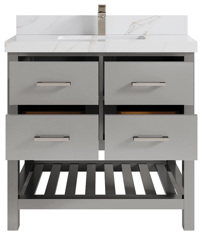 Parker 36" Single Sink Bath Vanity, Elephant Skin Gray 2" Calacatta Sienna