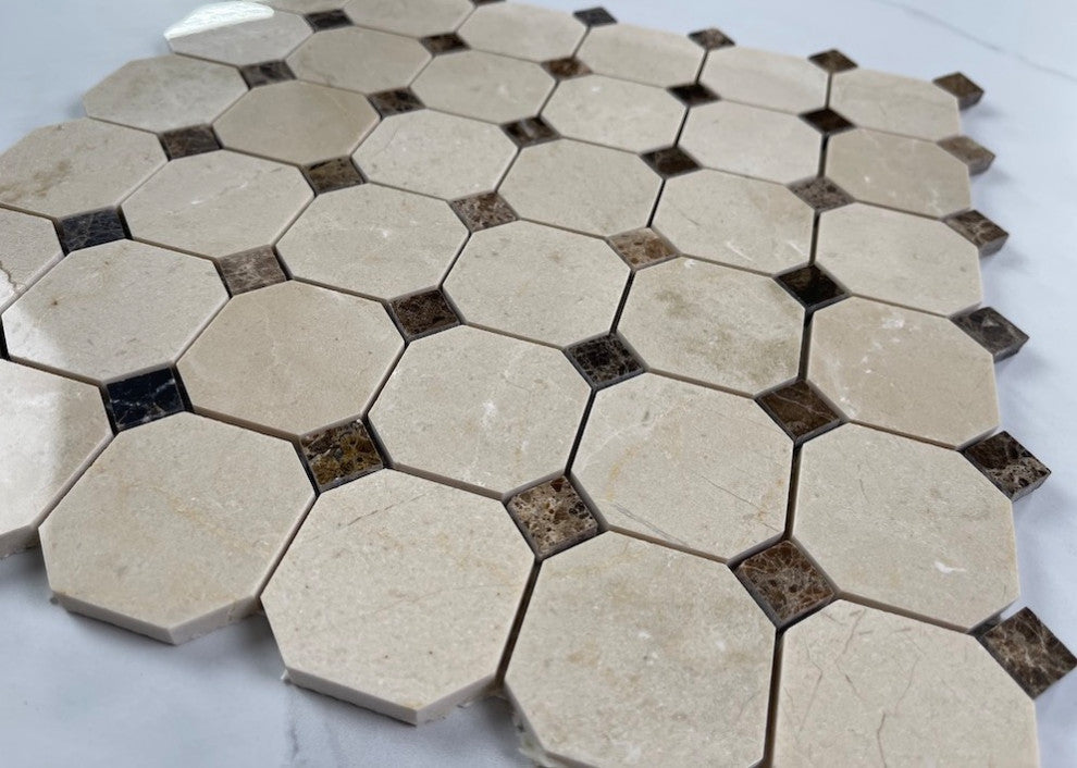 Crema Marfil Marble 2 inch Octagon Mosaic Tile Emperador Dots Polished, 1 sheet