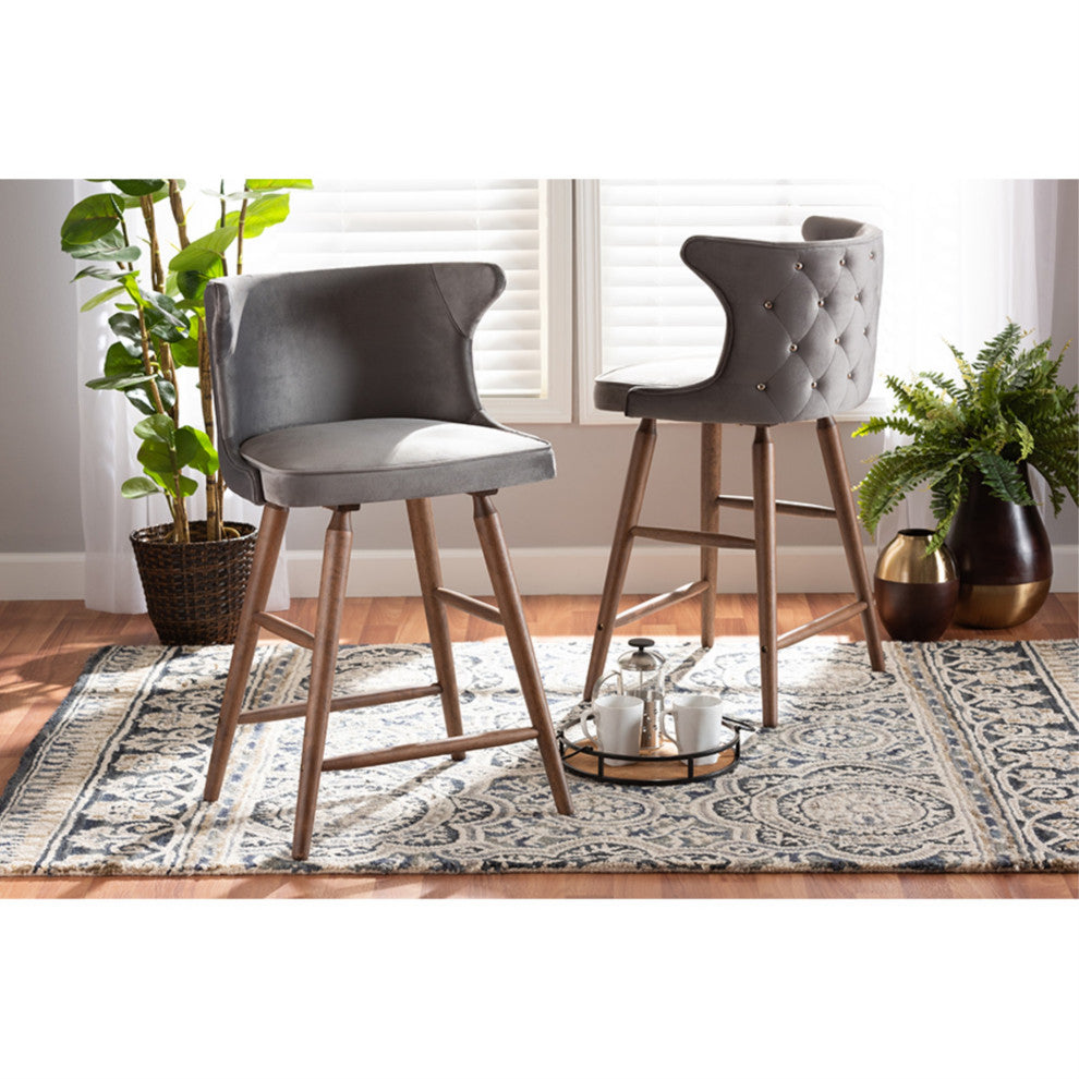 Sagira Gray Velvet Fabric Walnut Brown Finished Wood Counter Stool, Set of 2