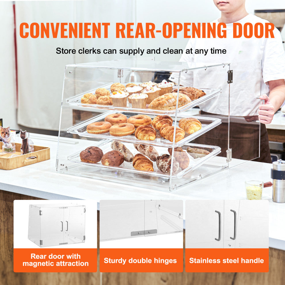 VEVOR 3-Tier Acrylic Bakery Display Case Countertop Donut Pastry Case Rear Door