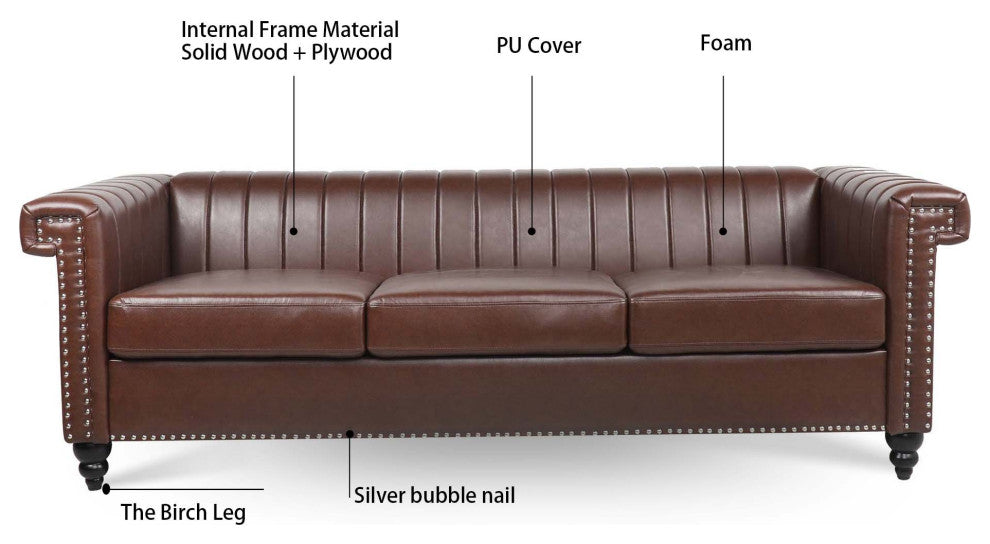 83" Faux leather Square Arm Sofa with Nailhead Trim , Dark Brown