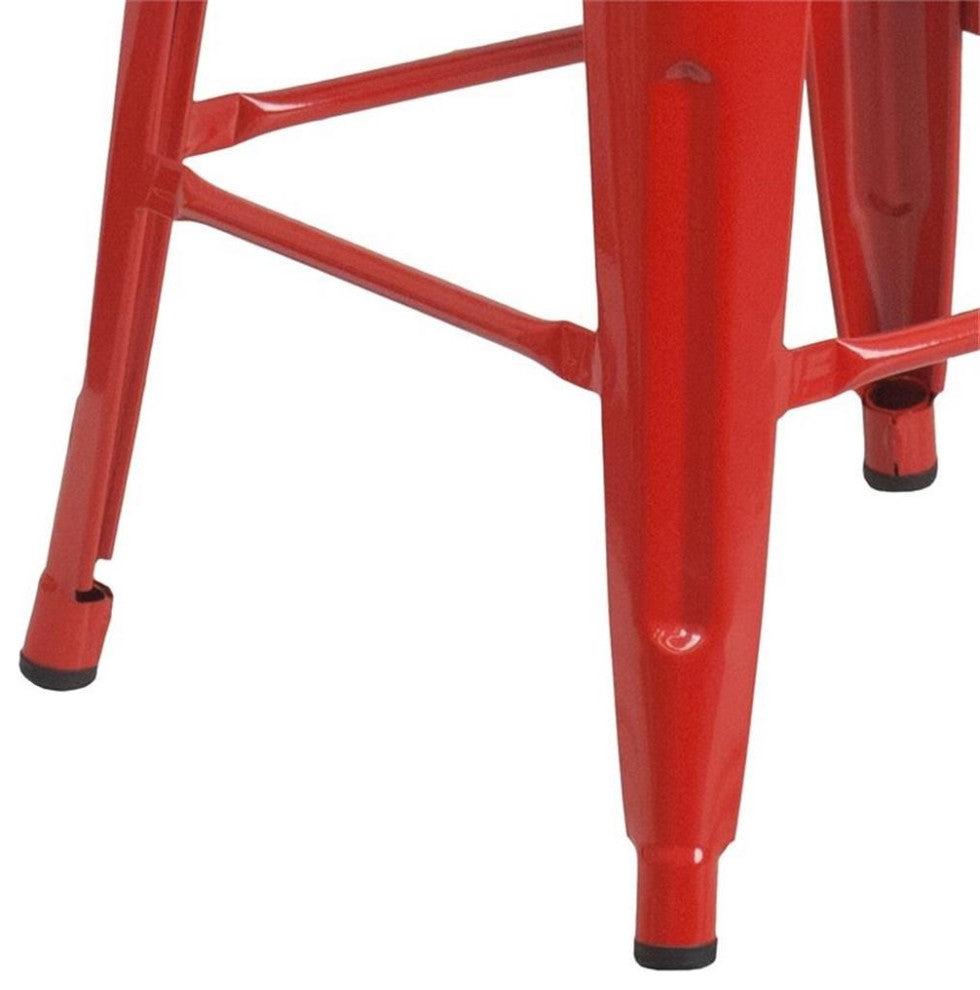 Bowery Hill Metal Bar Stool Chair in Red With Square Seat & Footrest