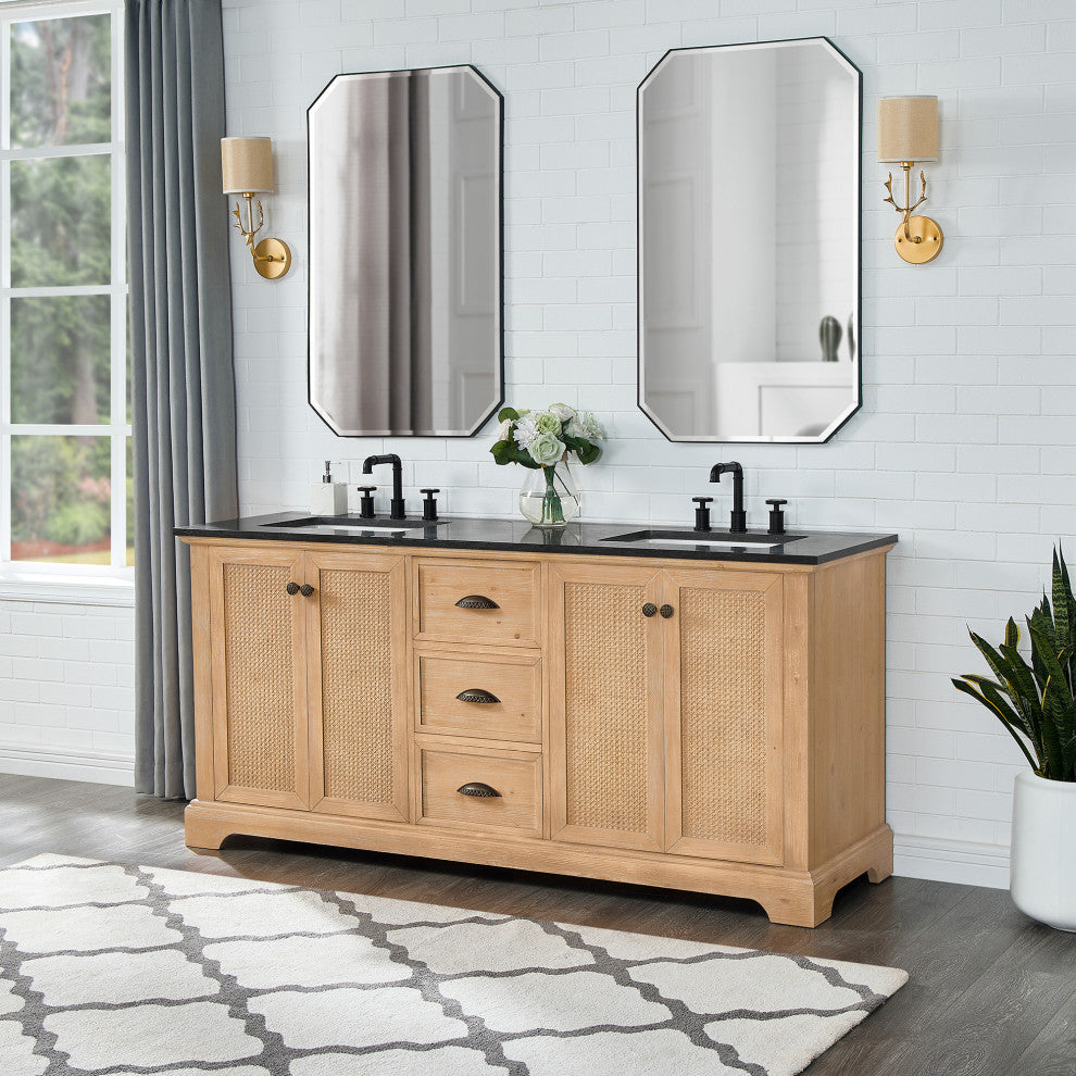 Hervas Bath Vanity, Fir Wood Brown, 72in., Celestite Marble Top, No Mirror