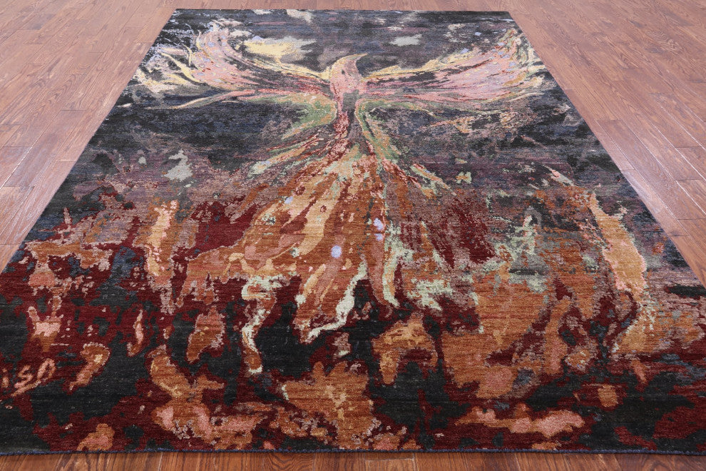 7' 10" X 10' 3" Hand Knotted Phoenix Design Wool and Silk Rug Q9101