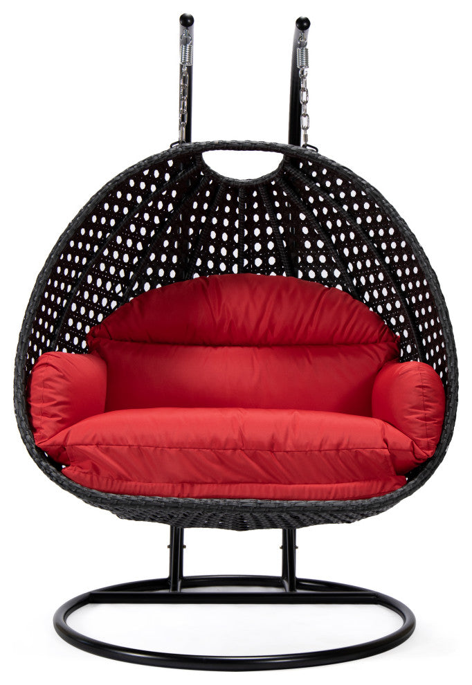 LeisureMod Mendoza Charcoal Wicker Hanging Double Egg Swing Chair, Red