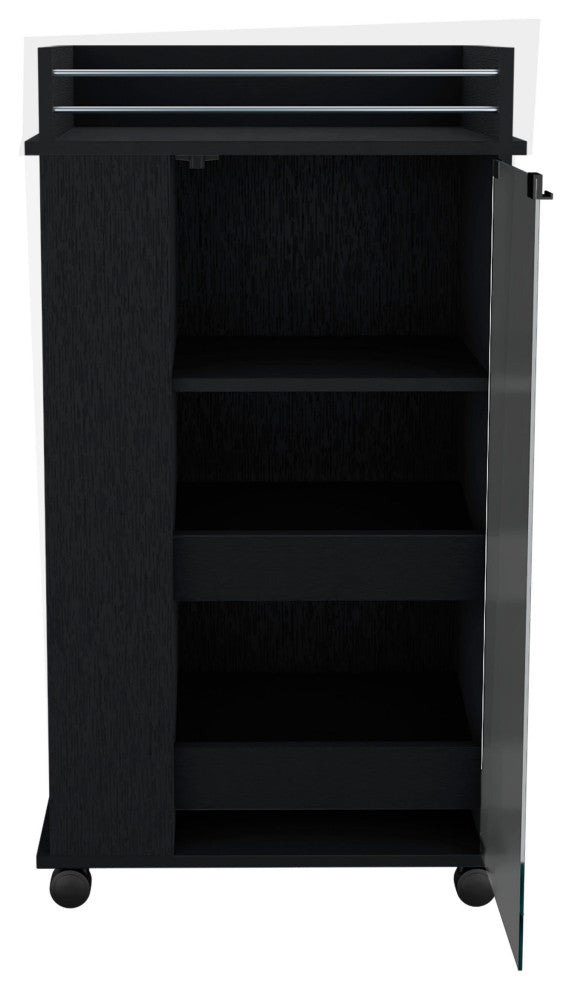 DEPOT E-SHOP Lansing Bar Cart with Glass Door, 2-Side Shelves and Casters, Black
