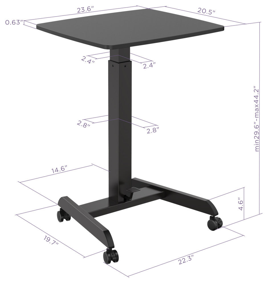 Mobile Pedal Controlled Height Adjustable Sit Stand Desk, Compact Size, Black