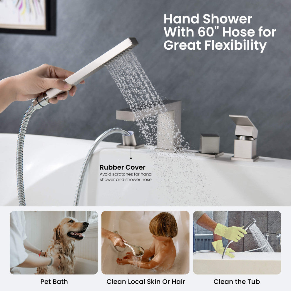 Cube Deck Mounted Bathtub Faucet With Hand Shower, Brushed Nickel