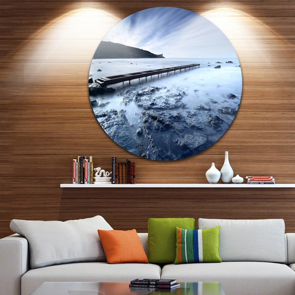 Wooden Pier Deep Into Sea, Seascape Photo Round Metal Wall Art, 11"