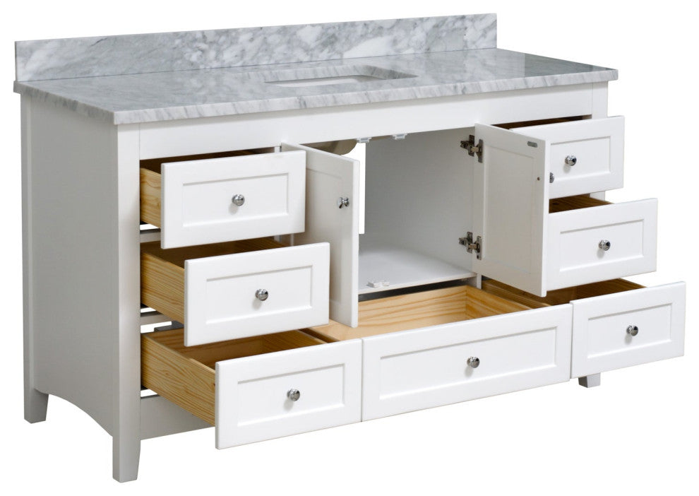 Abbey 60" Bath Vanity, Base: White, Top: Carrara Marble, Single Vanity