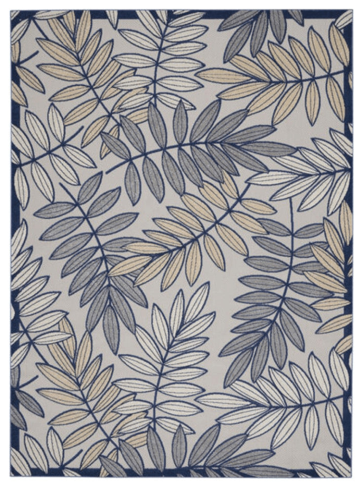 10' X 13' Ivory And Navy Floral Non Skid Indoor Outdoor Area Rug