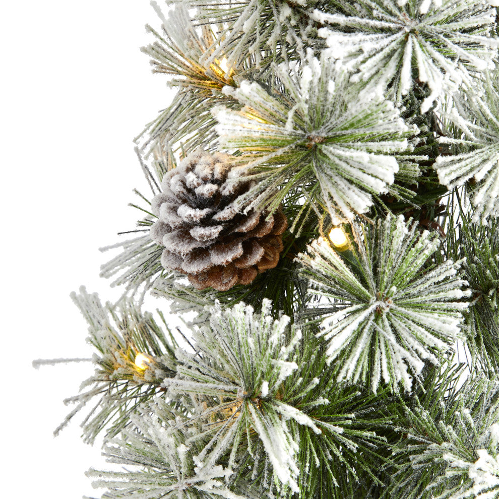 3' Flocked Faux Xmas Tree Topiary With 50 Warm White LED Lights and Pine Cones