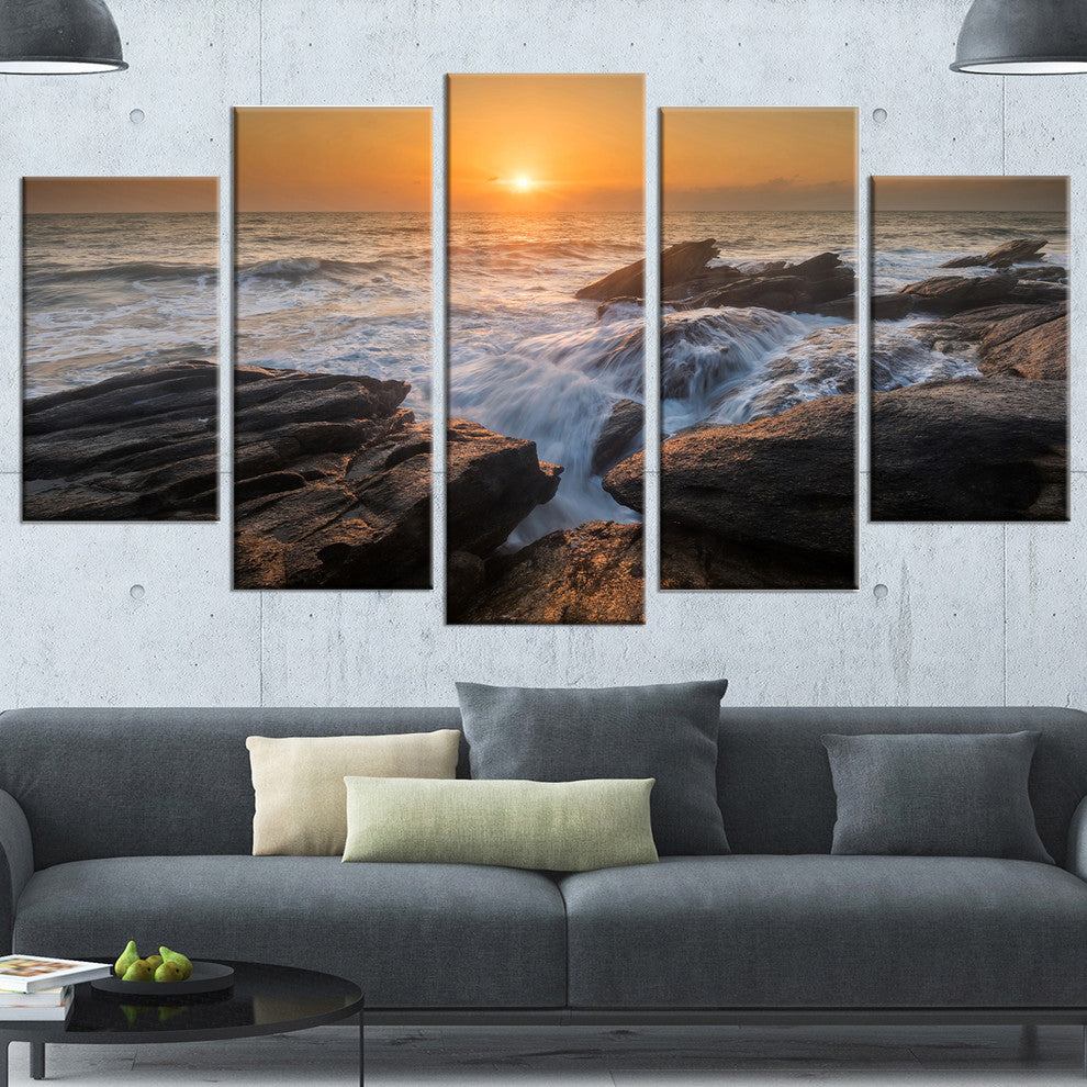 Sunset over Rocky Seashore, Beach Photo Canvas Print, 60"x32", 5 Panels