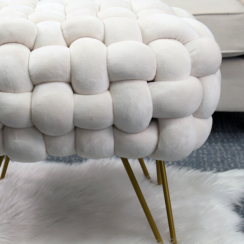 Velvet Pouf Stool Ottoman, Ivory, 27''x20''x20''