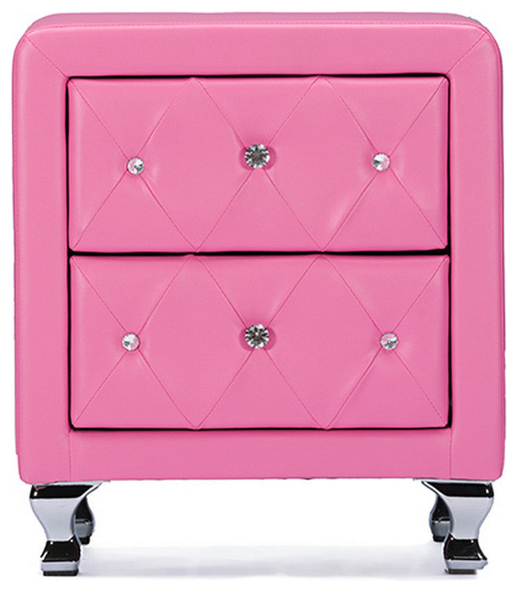 Urban Designs Stella Crystal Tufted Pink Leather Modern Nightstand