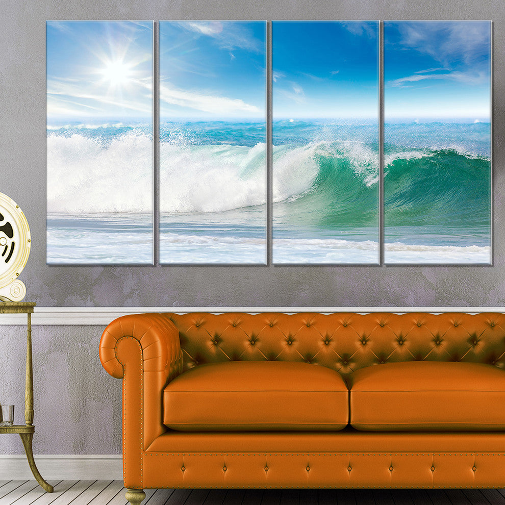 "White and Blue Waves under Sun" Canvas Print, 4 Panels