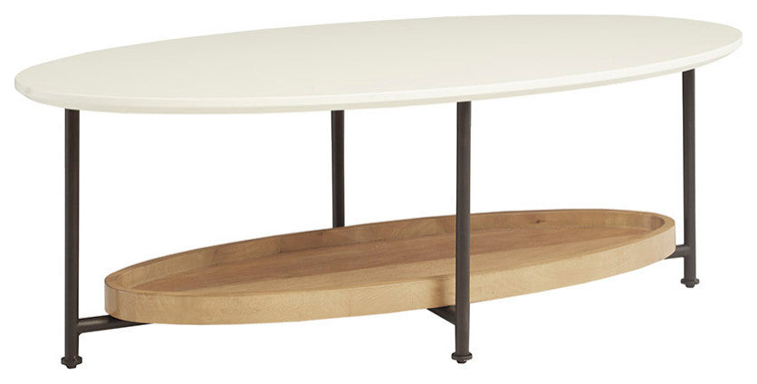Madison Park Beaumont White Oval Coffee Table With Wood Base Shelf, Coffee Table