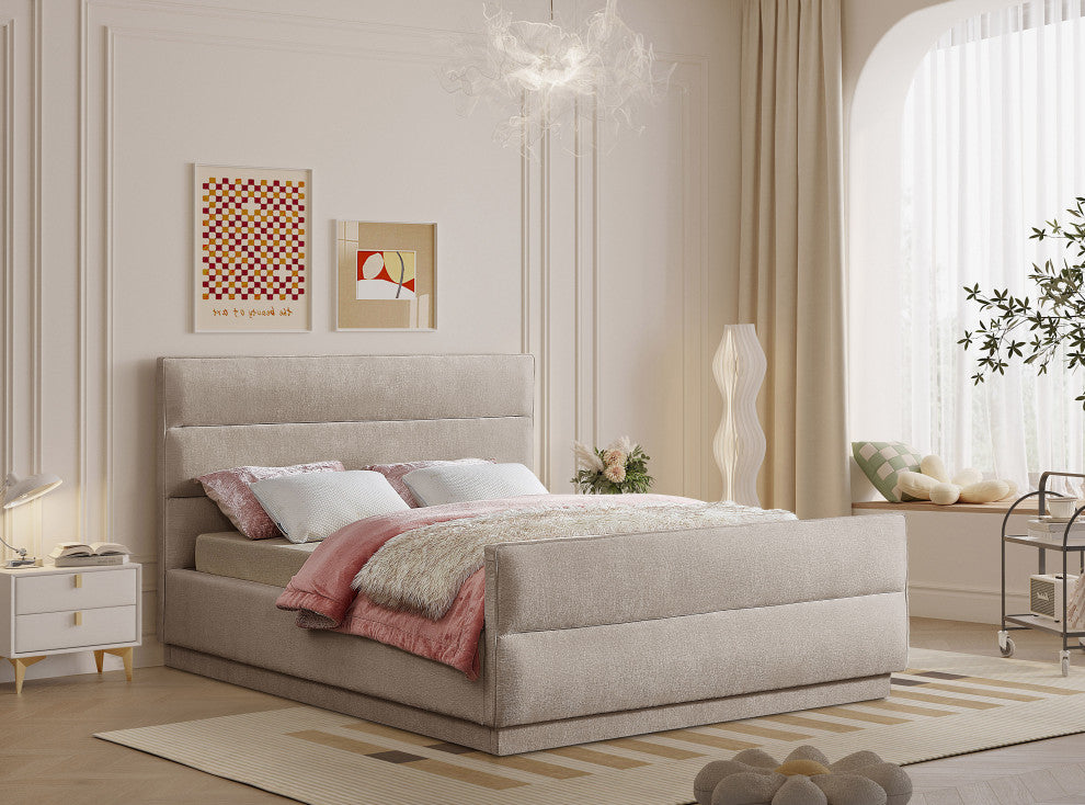 Paxton Chenille Fabric Upholstered Bed, Beige, King