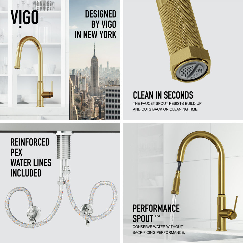 VIGO Hart Arched 18" H Single Handle Pull-Down Kitchen Faucet, Matte Brushed Gold, Without Extras