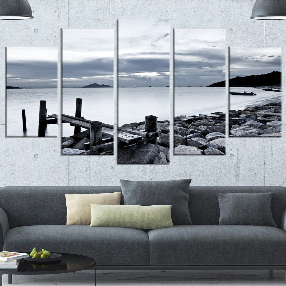 Small Sea Bridge from Rocky Beach, Landscape Canvas Art Print, 60"x32", 5 Panels