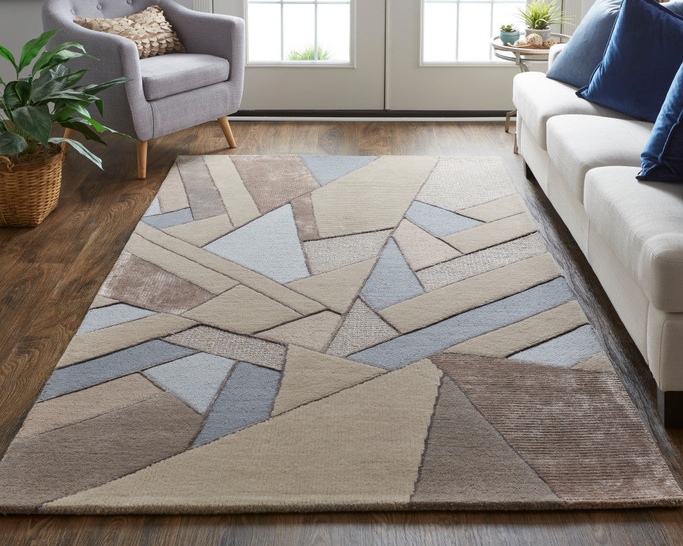 Weave & Wander Cutlor Graphic Wool Rug, Tan/Gray/Cool Blue, 2ft x 3ft Rug