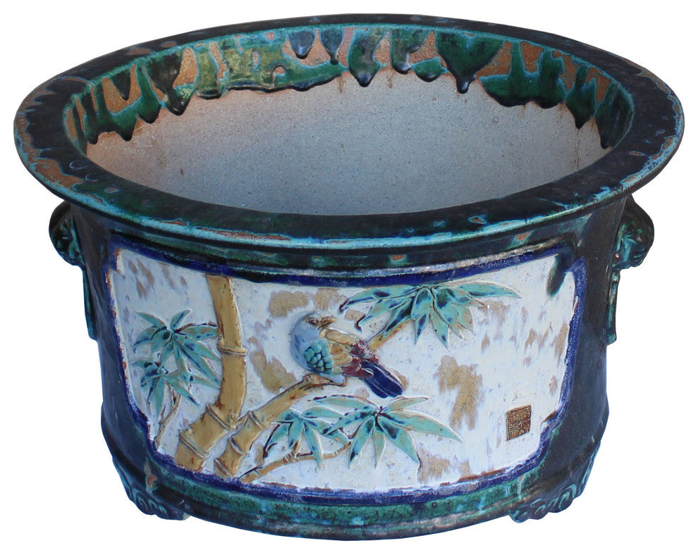 Chinese Ceramic Dimensional Flower Butterfly Round Green Glaze Planter