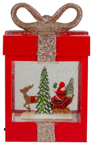 7" Lighted Red Gift Box Christmas Snow Globe With Santa and Reindeer