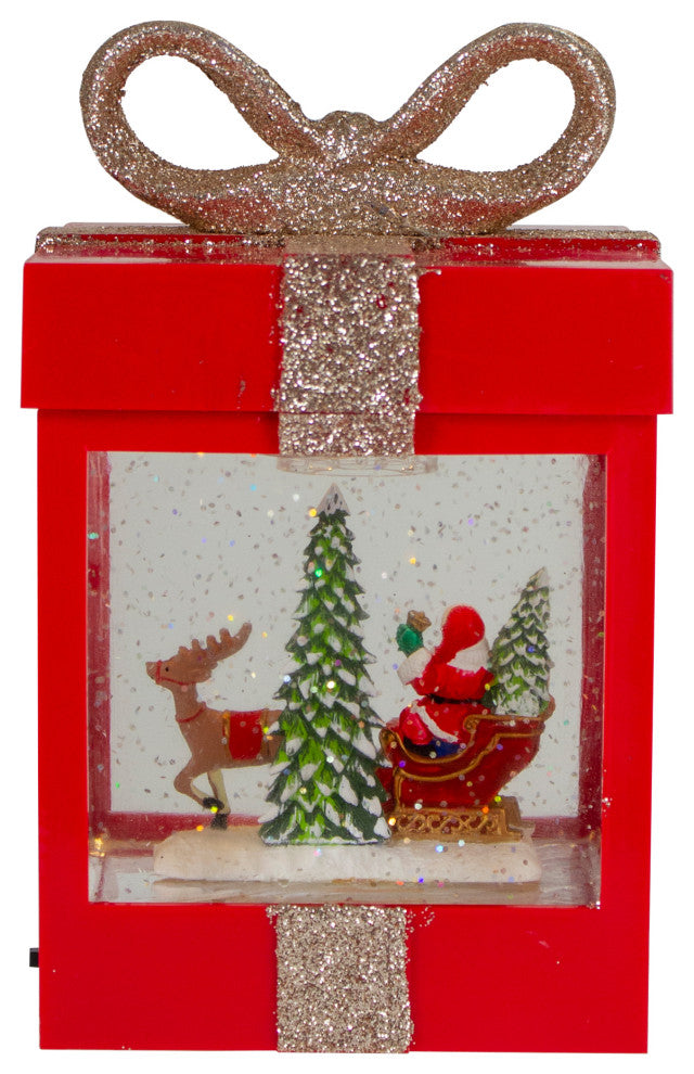 7" Lighted Red Gift Box Christmas Snow Globe With Santa and Reindeer
