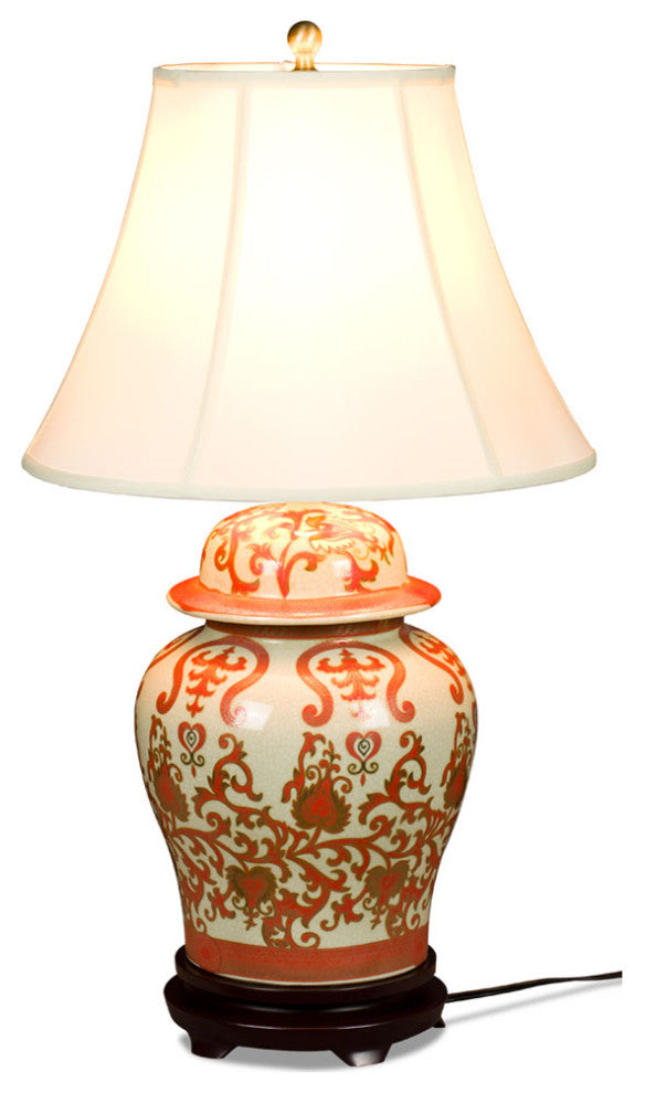 Red and Gold Floral Vine Motif Asian Temple Jar Porcelain Lamp