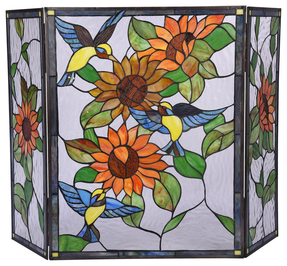 CHLOE Lighting Sunflower Tiffany 3-Piece Folding Floral Fireplace Screen