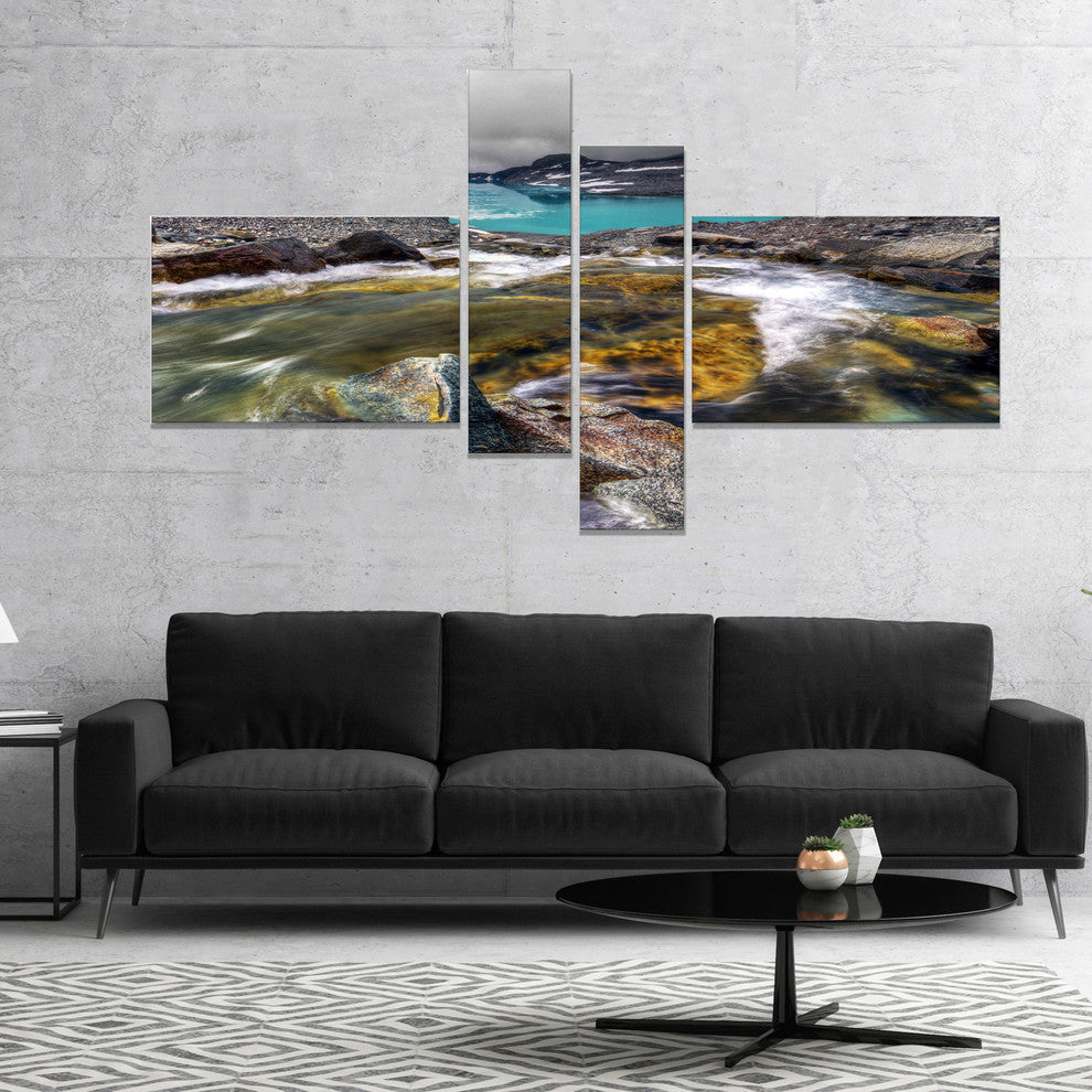 Mountain Creek Flowing into Lake, Large Landscape Canvas Art, 60"x32", 4 panels