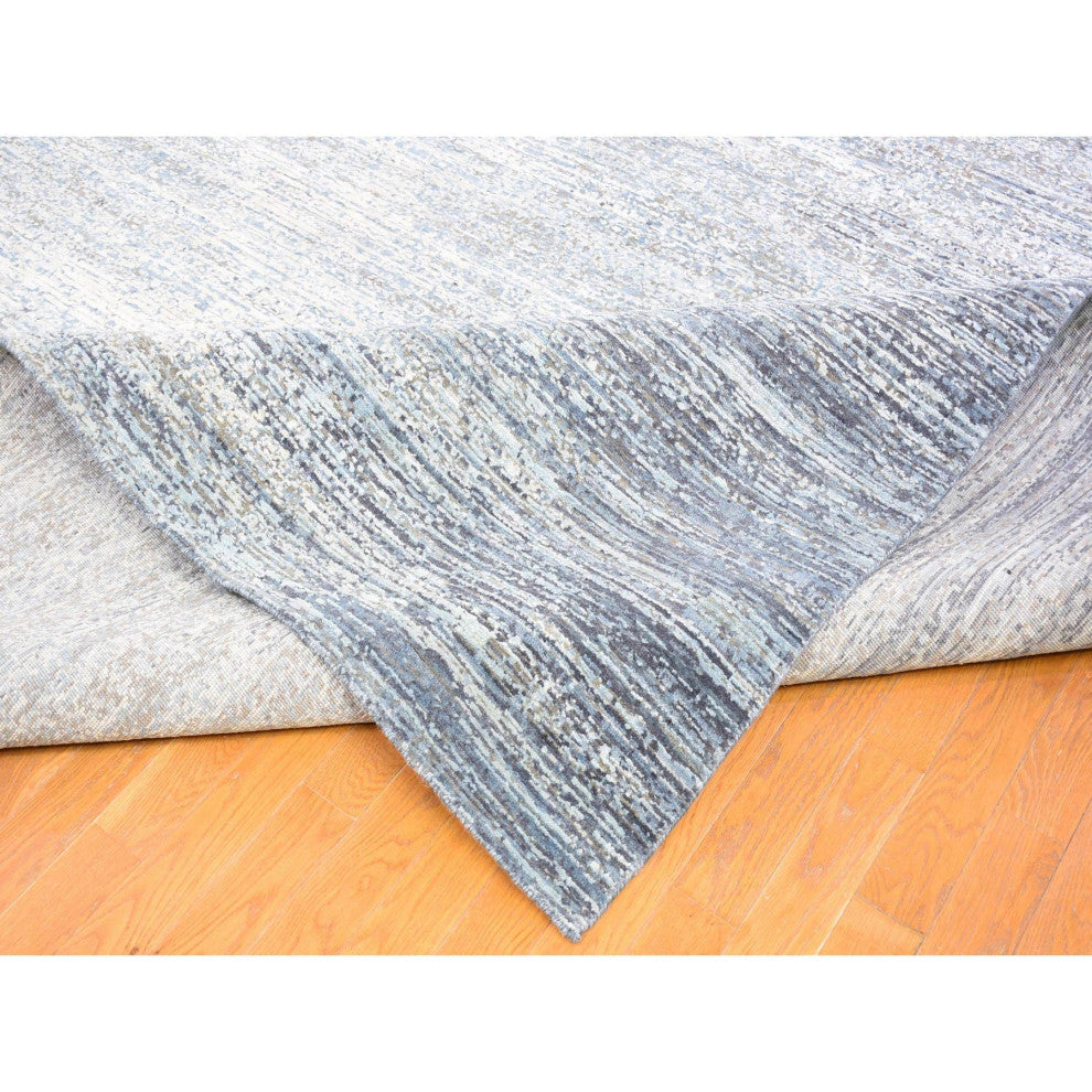 Blue Wool and Silk Horizontal Ombre Design Hand Knotted Oversized Rug,