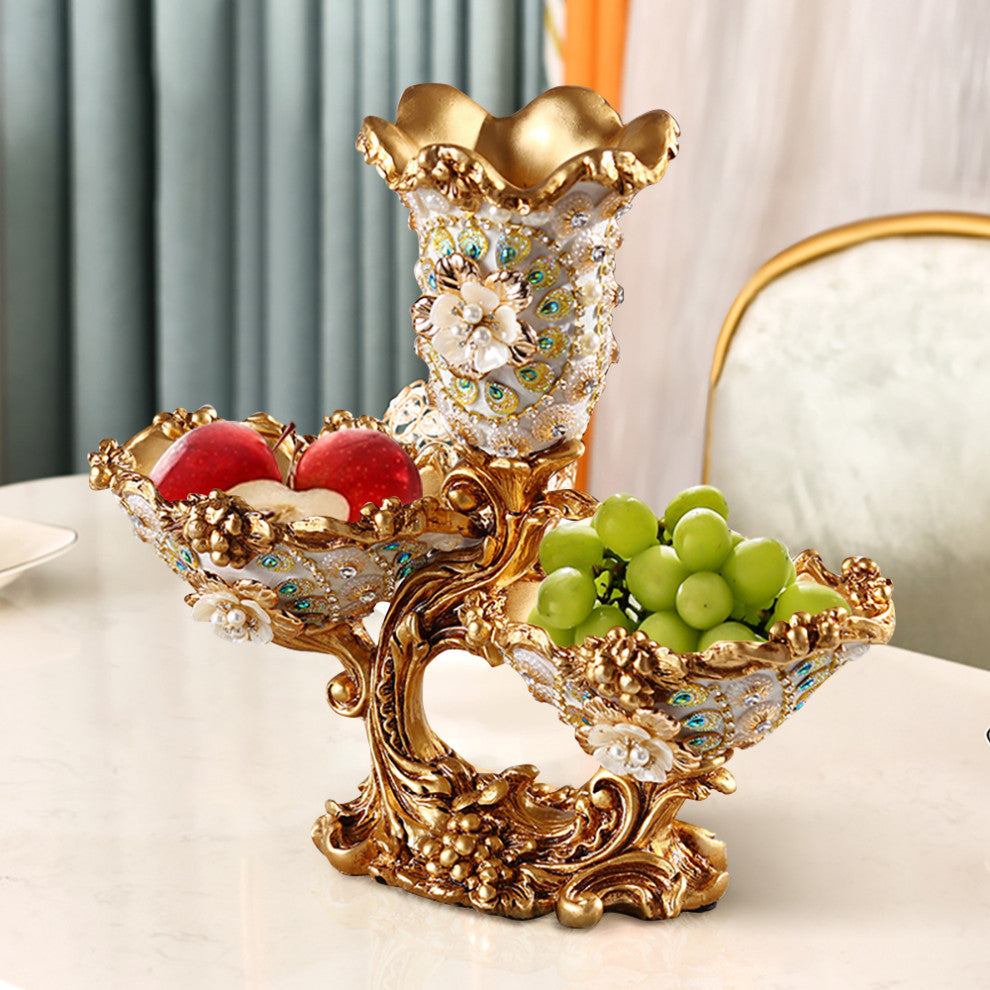 2 Tiered Gold & White Fruit Basket Plate With Vase Resin Snack Tray Decor, White/Gold