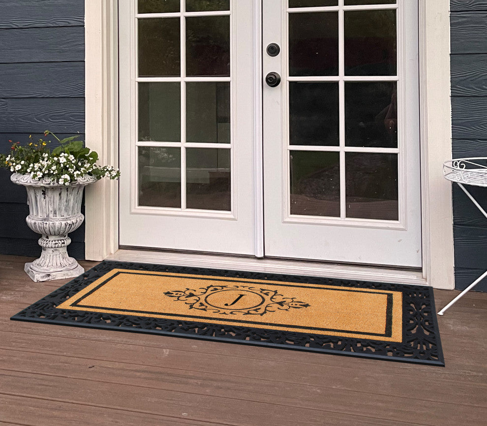 A1HC Paisley Rubber & Coir Outdoor Durable Monogrammed Doormat, 30"X60", Black,