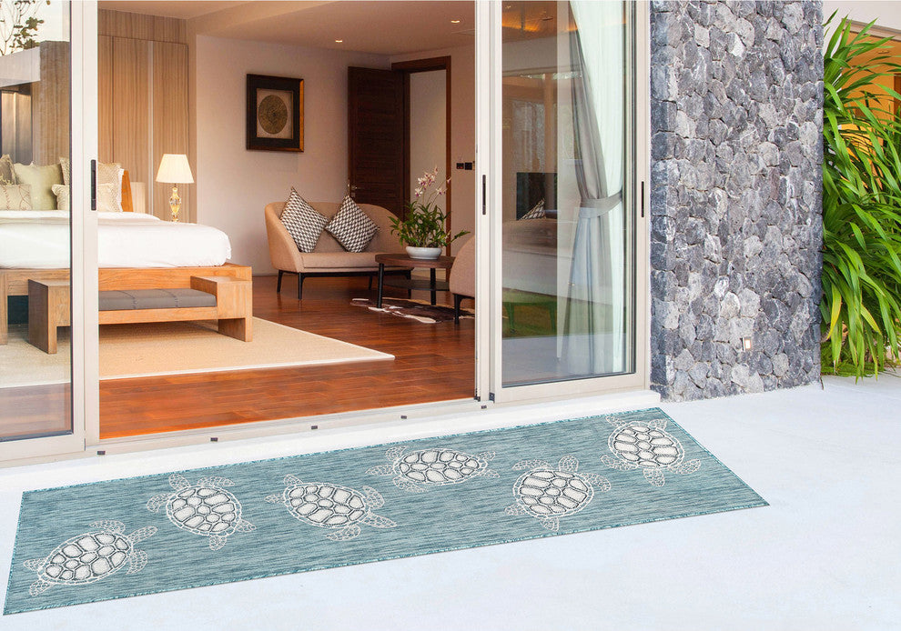 Carmel Seaturtles Indoor/Outdoor Rug, Aqua, 1'11"x7'6" Runner