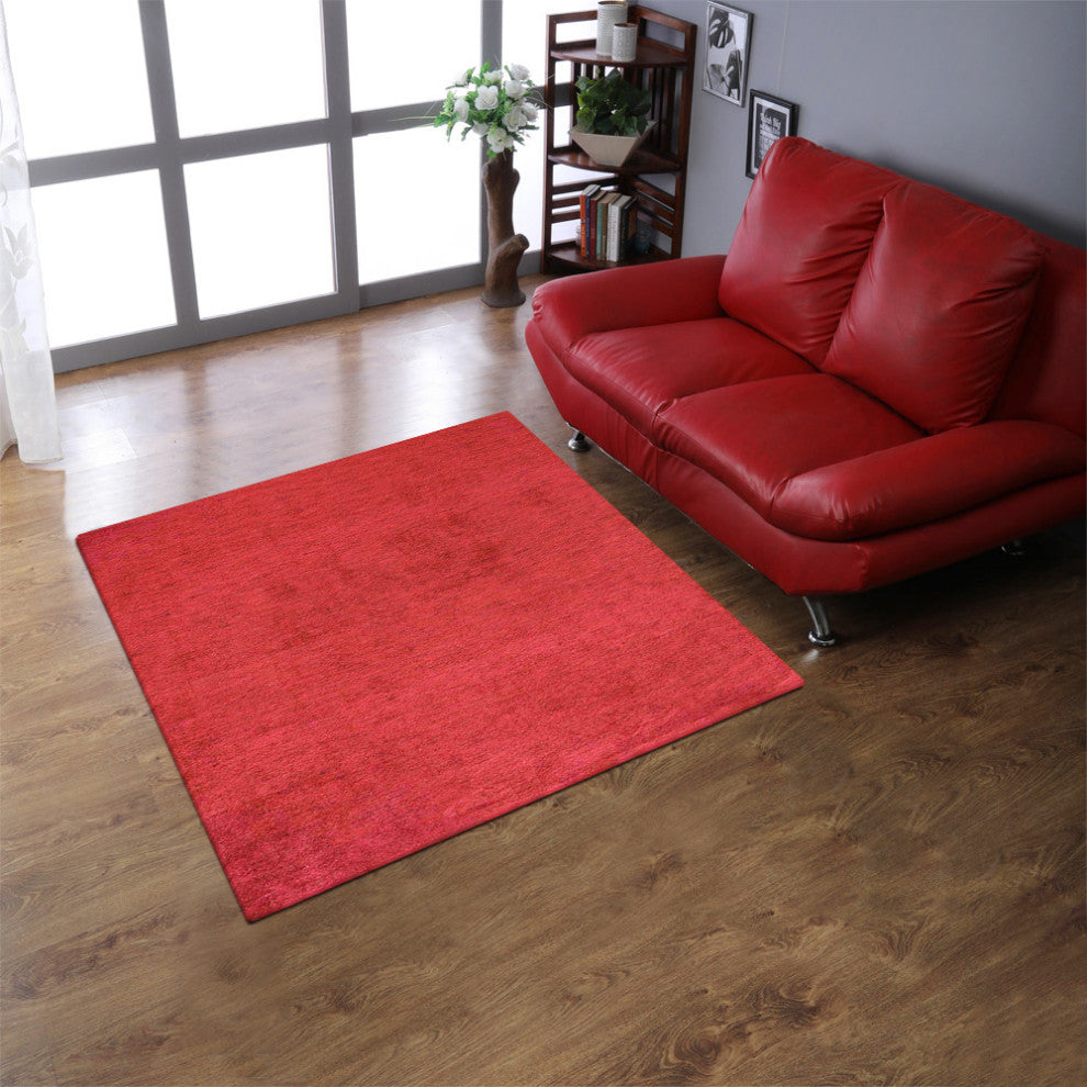 Hand Knotted Loom Silk Mix Area Rug Solid Red