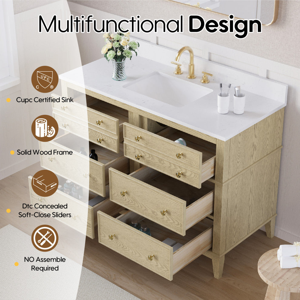 Oak Solid Wood Bath Vanity with White Quartz Top, Soft-Close, CUPC Certified, 48"