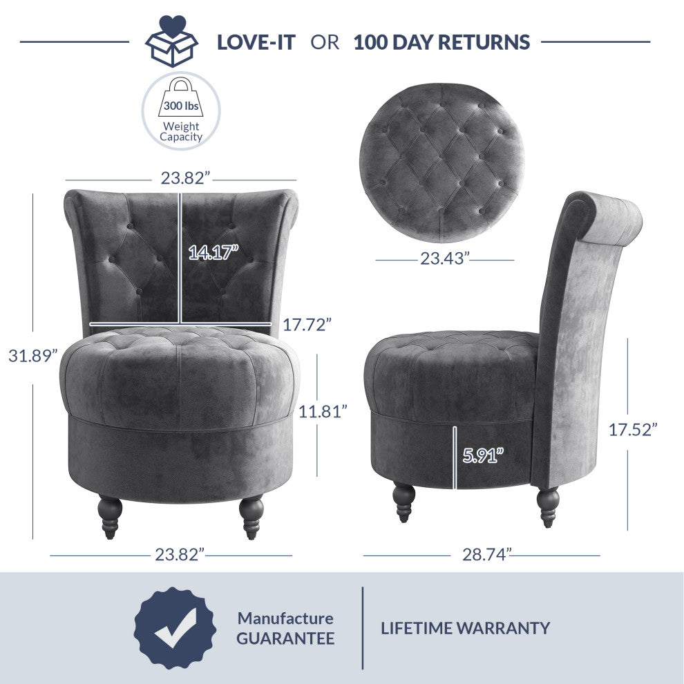 Button-Tufted Accent Chair w/ Thick Padding, Velvet Low Back Chair, Grey