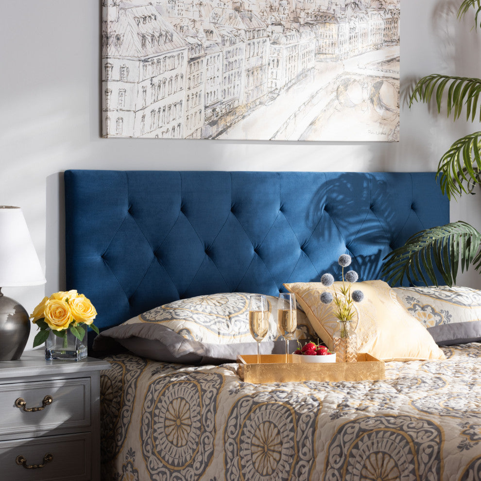 Francesca Modern Velvet Fabric Upholstered Headboard King, Navy Blue