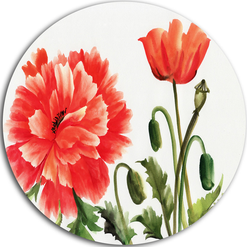 Red Poppies, Abstract Watercolor Disc Metal Artwork, 23"