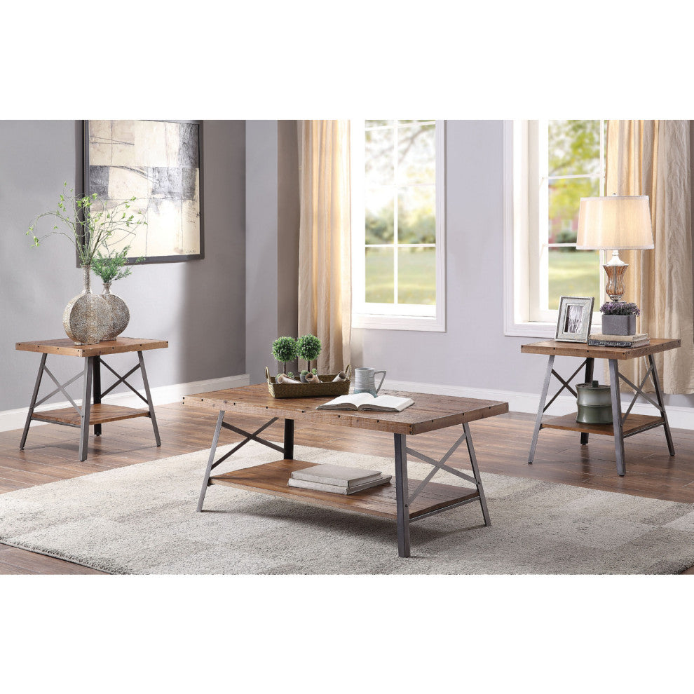 Wood Coffee Table With a Shelf, Weathered Oak and Sandy Black