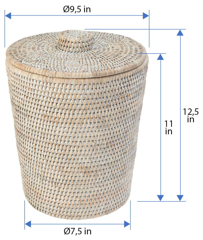 La Jolla Rattan Round Waste Basket With Plastic Insert and Lid, White-Wash